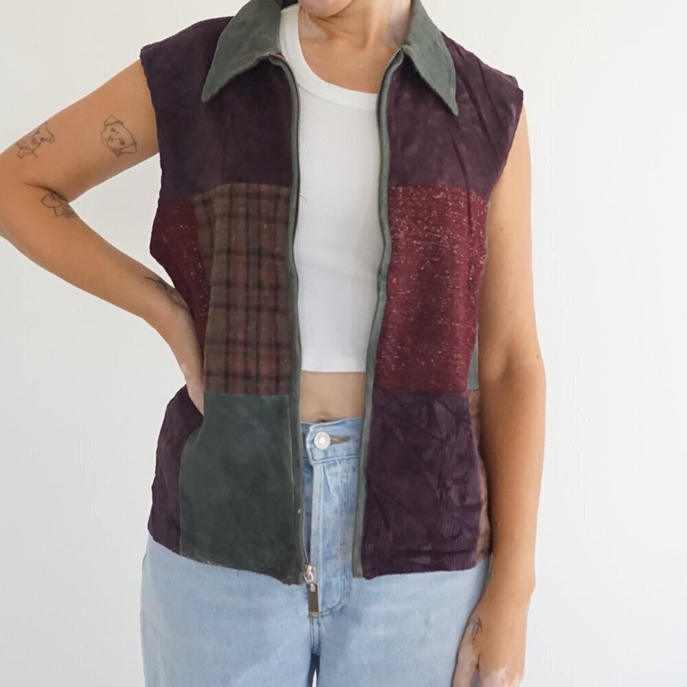 Vintage Dress Barn Patchwork Wool Zip Sleeveless Earthtone Boho Vest Western L